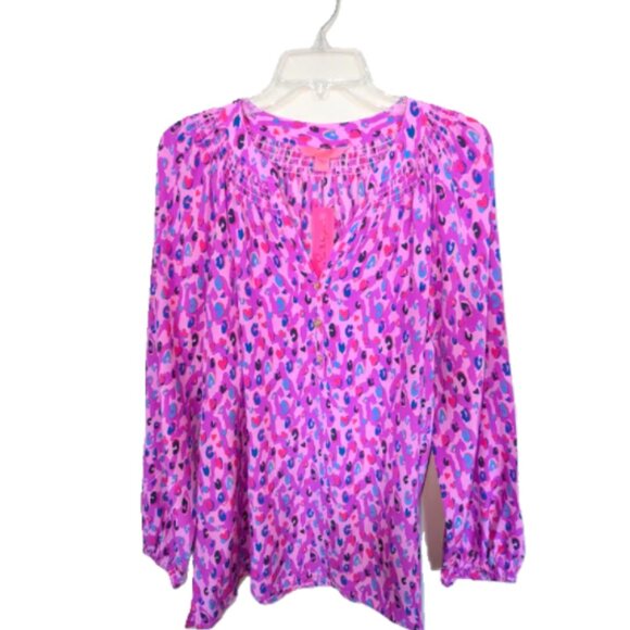 NWT Lilly Pulitzer Silk Long Sleeve Elsa Top Wild Fuchsia Spotted In Love Pink - Picture 6 of 9